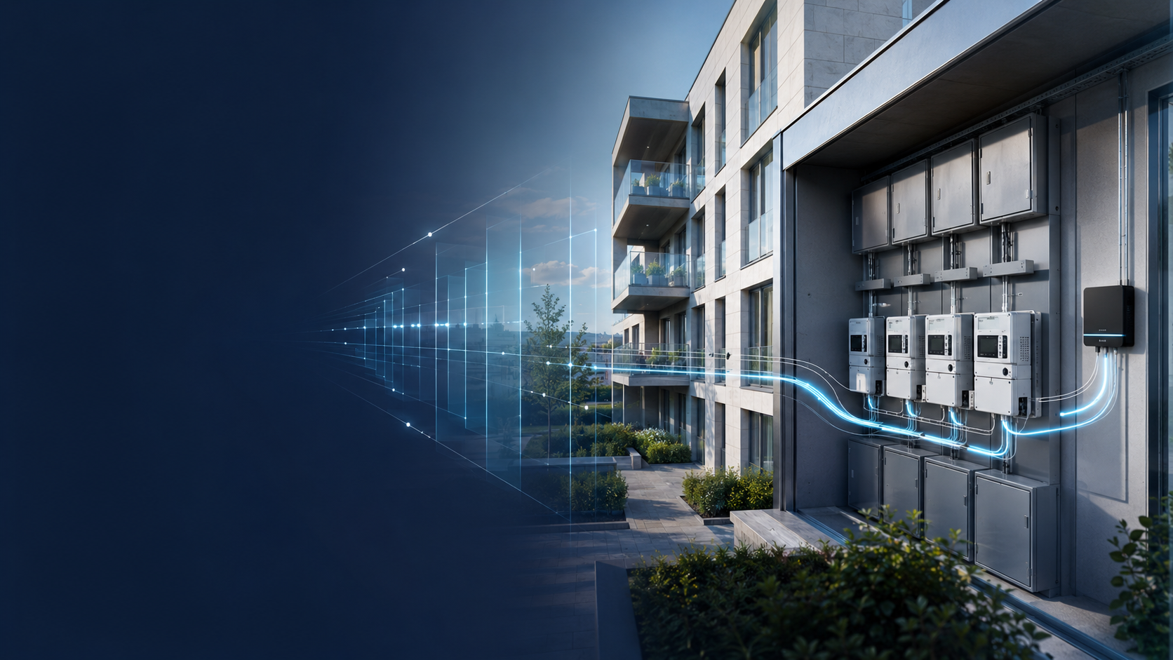 Modernes Wohngebäude und digitale Smart-Meter-Datenflüsse